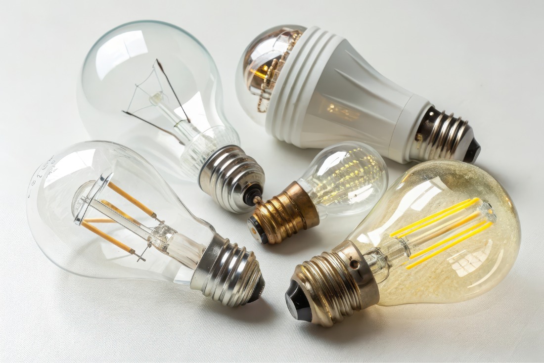LED and incandescent light bulbs in various shapes and sizes