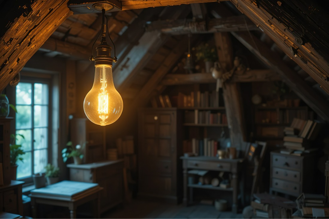 Exposed incandescent bulb hanging in an old attic-style room